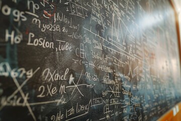 A photo of a close-up of a chalkboard covered in complex mathematical equations and geometric diagrams during midday