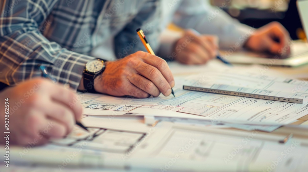 Wall mural generate a photo realistic image of a construction project team in a session reviewing the budget wi