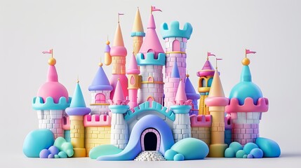 Colorful fairytale castle illustration with pastel hues, featuring whimsical towers and flags, perfect for fantasy themes.