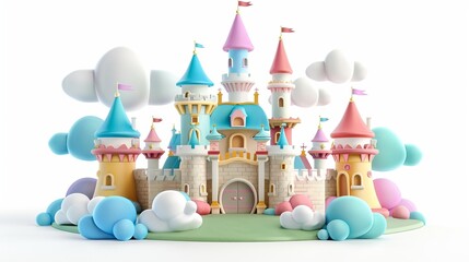 A whimsical pastel castle surrounded by clouds, ideal for children's fairy tales and fantasy-themed projects.