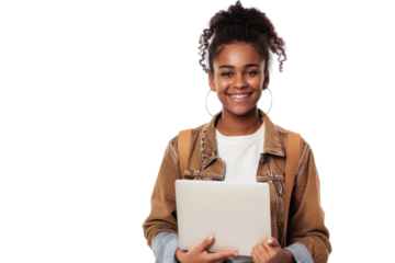 Positive ethnic woman in casual clothes smiles holding a laptop Isolated on white background