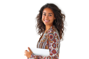 Positive ethnic woman in casual clothes smiles holding a laptop Isolated on white background