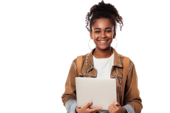 Positive ethnic woman in casual clothes smiles holding a laptop Isolated on white background