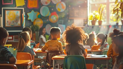 Diverse Group of Children Learning Together in Inclusive Classroom with Adaptive Tools