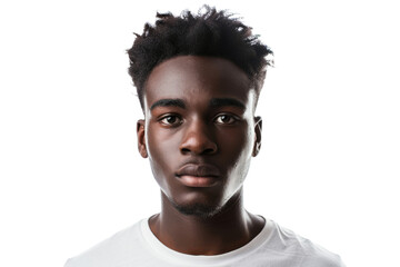 Fototapeta premium Portrait of a young African American male staring at the camera with a neutral expression Isolated on white background