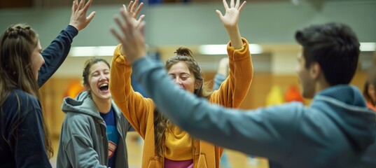 Freshmen Students Engaging in Team Building Activities in University Gymnasium with Joyful Interaction