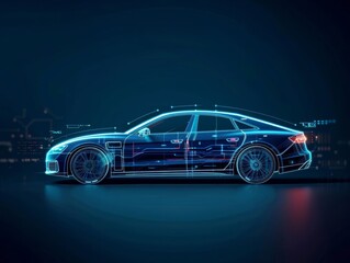 Naklejka premium Neon-lit digital car wireframe, futuristic automotive design, blue tones, technology-driven, dark backdrop