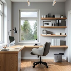 Cozy room, light colors There is a work desk and wooden shelves for filing documents and books. There is a large window that lets in natural light and a comfortable swivel chair for working.