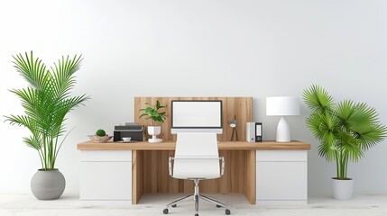Clean workspace, soft white tones, wooden furniture, indoor greenery, more clarity with clear light and sharp focus, high detailed