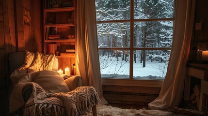 Fototapeta premium A cozy cabin with a large window overlooking a snowy forest.