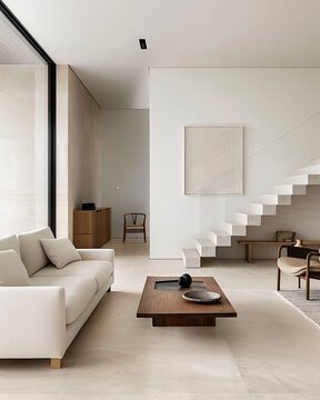 Minimalist interior, pale beige colors, modern furniture, natural light, more clarity with clear light and sharp focus, high detailed