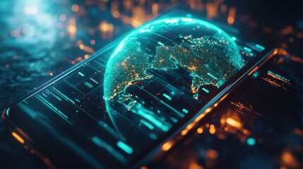 A vibrant, high-tech digital globe rotating, with highlighted regions representing active carbon credit markets and green investment opportunities, surrounded by a sleek user interface on a