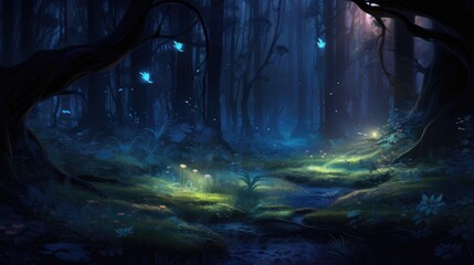 Ethereal forest with glowing bioluminescent plants at dusk