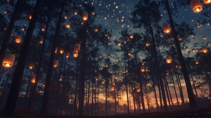 Serene Pine Forest Magic - A Peaceful Dream with Floating Lanterns under Enchanting Skies