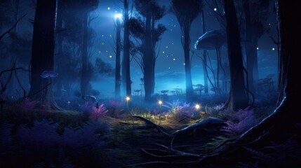 Ethereal forest with glowing bioluminescent plants at dusk