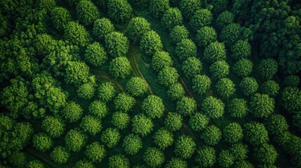 Drone view of sustainable forestry, showing patterns of tree planting and natural regeneration