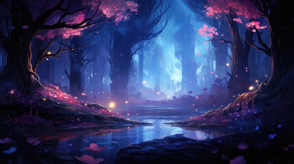 Obraz premium Ethereal forest with glowing bioluminescent plants at dusk