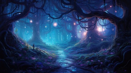 Obraz premium Ethereal forest with glowing bioluminescent plants at dusk