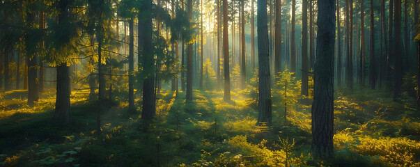 Sunlight Filtering Through Tall Trees in a Forest Photo