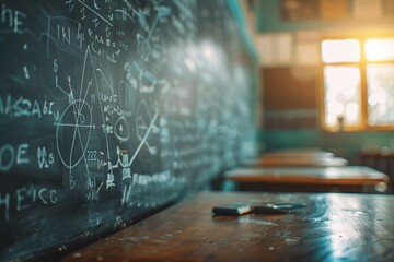 A photo of a close up of a chalkboard filled with detailed mathematical equations and geometric diagrams in a classroom setting during the morning