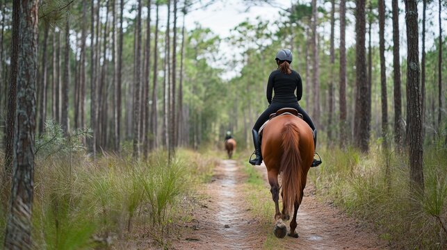 Exploring the Wilderness: Horseback Rider Amidst Pine Trees on Adventure Trail in Lush Forest Setting