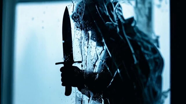 Silhouette of a murderous man holding a knife behind a dark window 