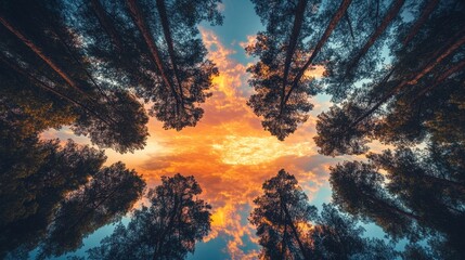 Majestic Pine Forest at Sunset with Mirrored Sky, Tranquil and Reflective Beauty
