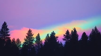 Fototapeta premium Enchanted Pine Forest Under a Vibrant Rainbow Sky - Hopeful Landscape Scene with Lush Trees