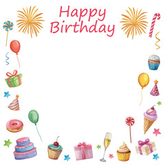 Happy birthday frame with party elements presents balloons cakes