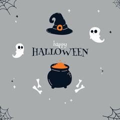 Text Happy Halloween with spider web and cute ghost, cauldron and magic hat for greeting cards, posters, banners, flyers and invitations. Isolated flat vector illustration. Holiday grey background.