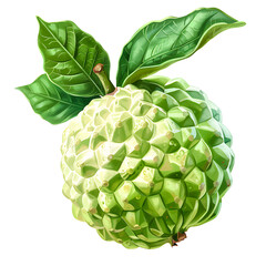 Obraz premium High-quality image of a fresh green custard apple with glossy leaves isolated on transparency PNG background, perfect for nature, food, and health-related projects.