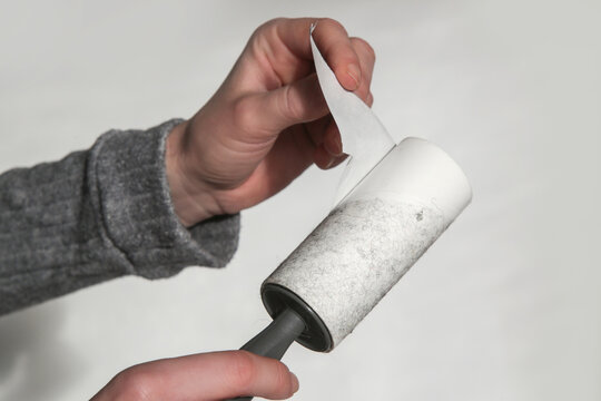 Hair remover roller. Woman using reusable clothes lint roller cleaner.	