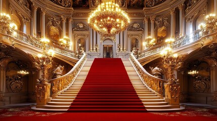 Elegant grand staircase with red carpet in opulent palace interior featuring ornate chandeliers and intricate architectural details.