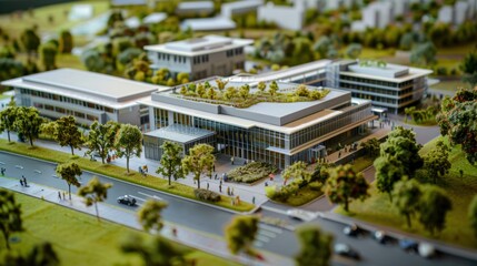 Generate a photo realistic image of a maquette showcasing a government office with administrative buildings, public services, and civic infrastructure; ensure the image is of high resolution