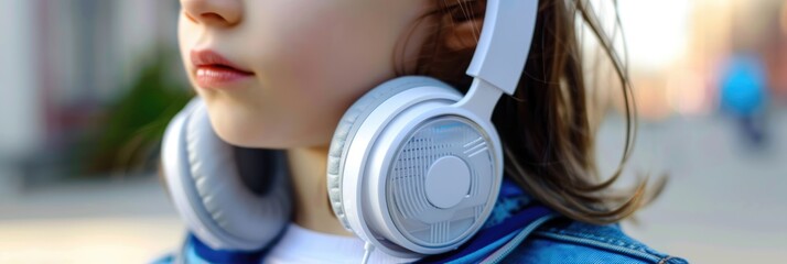 Close up of white headphones around a child s neck