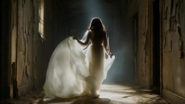 silhouette in flowing white garment through rustic doorway

