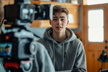 Fototapeta premium College Acceptance Video Message by High School Graduate in University Hoodie for Social Media Sharing
