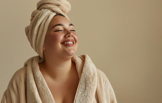 Smiling plus size woman in bathrobe - Powered by Adobe