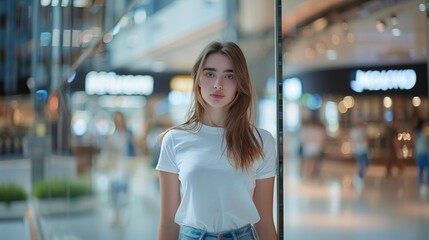 Fashionable Caucasian Woman Modeling a White T-Shirt in Front of a Department Store Glass Showcase