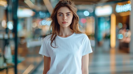 Fashionable Caucasian Woman Modeling a White T-Shirt in Front of a Department Store Glass Showcase
