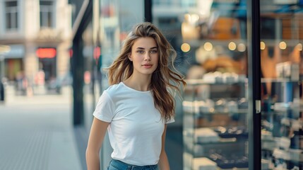 Fashionable Caucasian Woman Modeling a White T-Shirt in Front of a Department Store Glass Showcase