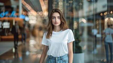 Fashionable Caucasian Woman Modeling a White T-Shirt in Front of a Department Store Glass Showcase