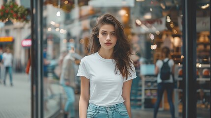 Fashionable Caucasian Woman Modeling a White T-Shirt in Front of a Department Store Glass Showcase