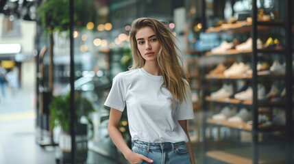 Fashionable Caucasian Woman Modeling a White T-Shirt in Front of a Department Store Glass Showcase