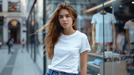 Fashionable Caucasian Woman Modeling a White T-Shirt in Front of a Department Store Glass Showcase