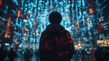 Fototapeta premium Attractive photo of hacker silhouette against a background of digital symbols.