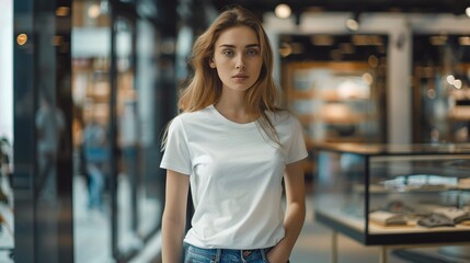 Fashionable Caucasian Woman Modeling a White T-Shirt in Front of a Department Store Glass Showcase