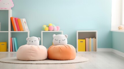 Two plush beanbag chairs with cute bear faces in a child's room.