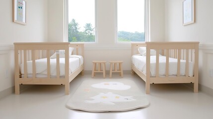 Two twin beds with a rug and stool in a white room.