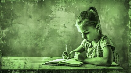 Young Schoolgirl Writing in Notebook with Green Monochrome Background - Education Concept
